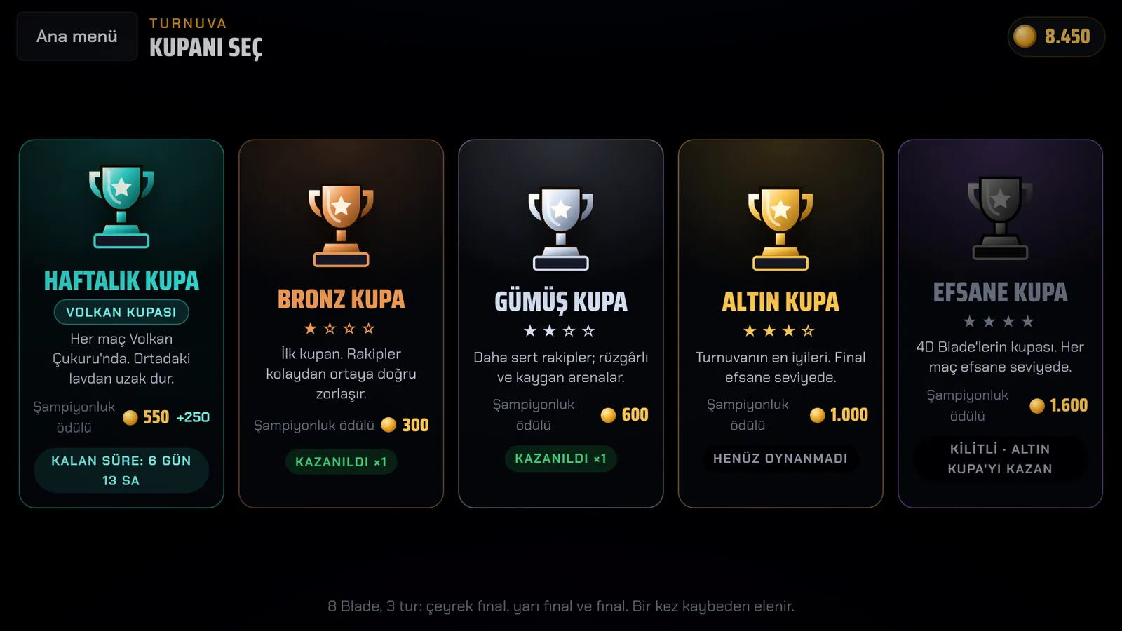 Kupa seçimi ekranı