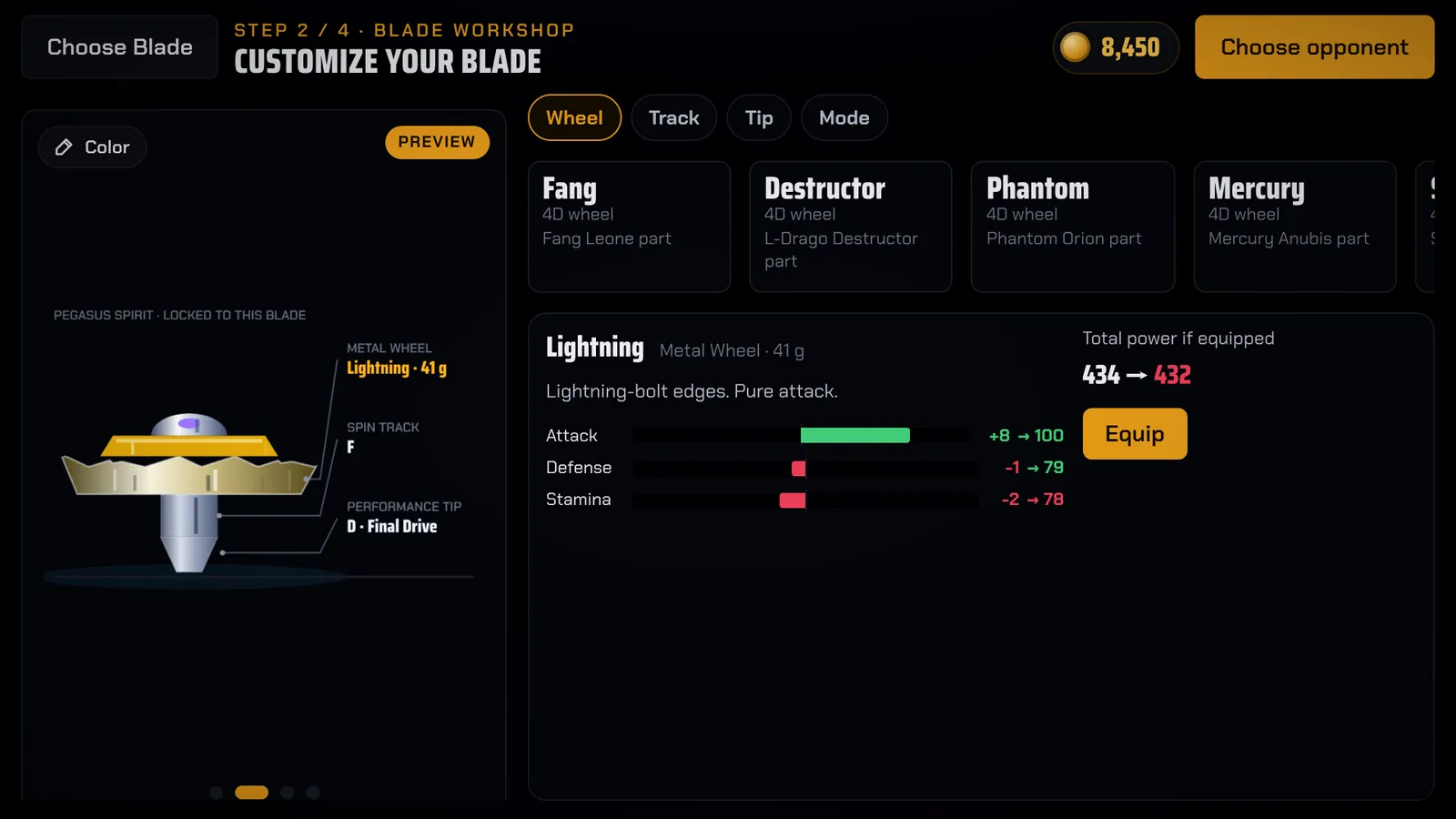 Blade workshop: choosing parts and comparing stats